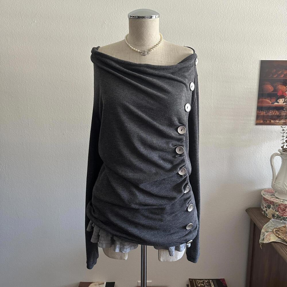 Gray Asymmetrical Button Knit Top - image 3